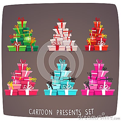 Gift box surprise collection , presents set with ribbon and bow for holiday greeting postcard or invitation. funny cartoon vector Vector Illustration