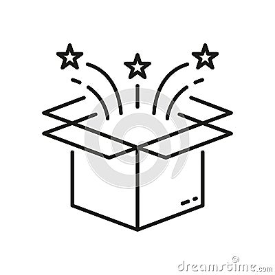 Gift Box Surprise Line Icon. Open Birthday Present Linear Pictogram. Christmas Magic Package with Confetti Outline Vector Illustration