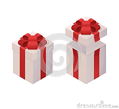 Gift box template open closed. Fashionable box with bright red ribbon tied magnificent bow. Vector Illustration