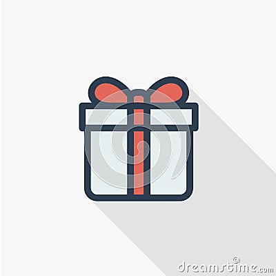 Gift box thin line flat color icon. Linear vector symbol. Colorful long shadow design. Vector Illustration