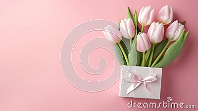 gift box and tulips on pink background Stock Photo