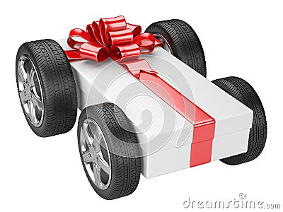 Gift box and a tyre wheels Stock Photo