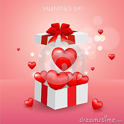 Gift Box Valentine`s day, Sale banner template. red and White heart with lettering on background. Vector Illustration