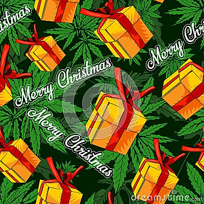 Gift box, vector image seamless background. Seamless pattern with marijuana leafs. Vector Illustration