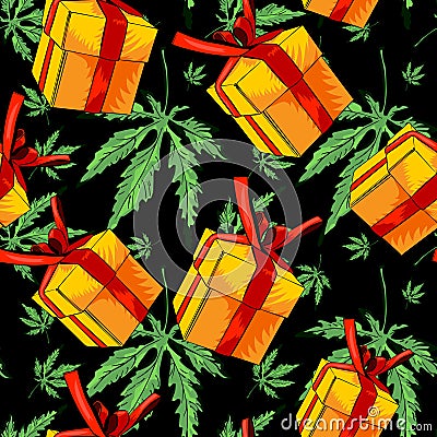 Gift box, vector image seamless background. Seamless pattern with marijuana leafs. Vector Illustration