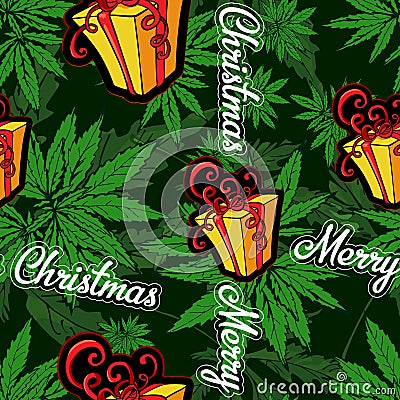 Gift box, vector image seamless background. Seamless pattern with marijuana leafs. Vector Illustration