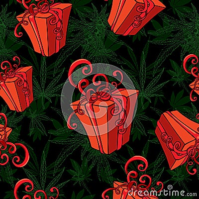 Gift box, vector image seamless background. Seamless pattern with marijuana leafs. Vector Illustration