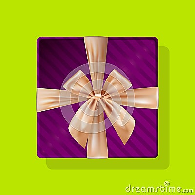 Gift box in velvet. Top view. Golden bow ribbons. Christmas, Vector Illustration