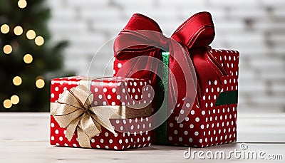 Gift box wrapped in shiny yellow wrapping paper on table generated by AI Stock Photo