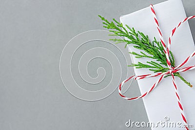 Gift box wrapped in white paper tied with striped red ribbon green juniper twig on gray background. Christmas New Years presents Stock Photo