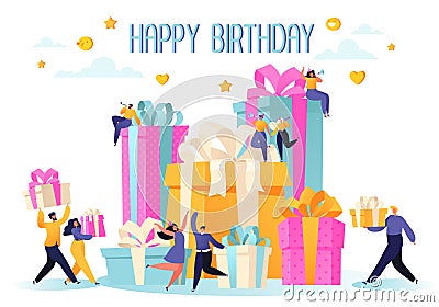 Happy Birthday party celebration with friends. People carry gifts and a big cake, blow their whistles, dance and celebrate the hol Vector Illustration