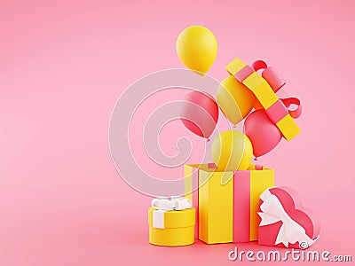 Gift boxes and balloons - 3d illustration of open birthday present packages with ribbons and flying balloons. Cartoon Illustration