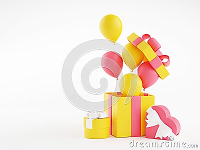 Gift boxes and balloons - 3d illustration of open birthday present packages with ribbons and flying balloons Cartoon Illustration