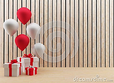 Gift boxes with balloons festival and celebration in 3D render image Stock Photo