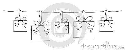 Gift boxes with bows hand drawing single line. Vector stock illustration isolated on background for design template Vector Illustration
