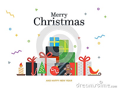 Gift boxes bunch and christmas balls, candy Vector Illustration