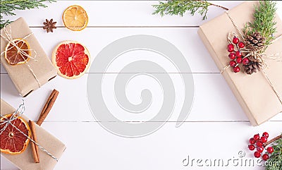 Gift boxes with Christmas decoration on white background. Stock Photo