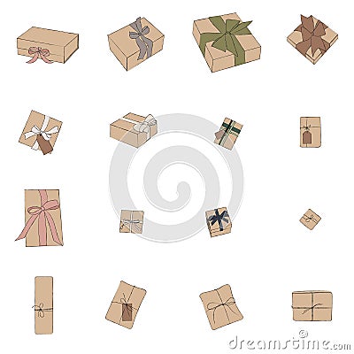 Gift boxes colored sketch set. Present boxes collection. Vector Illustration