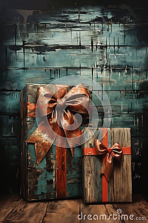 gift boxes on dark wooden background, vintage, old and weathered, rustic style, Christmas decoration for New Year holidays Stock Photo