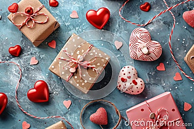 Gift boxes and decorations on Valentine`s Day, top view, pattern of red heart shapes on blue table or floor. Romantic home design Stock Photo
