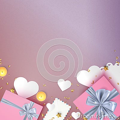 Gift boxes and decorative elements holiday background template, valentine, birthday, christmas banner card, vector illustration Vector Illustration