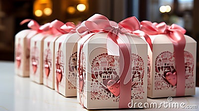 Gift boxes with heart and pink bows in interior Stock Photo