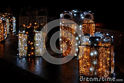 Gift boxes made of street lights at night Stock Photo