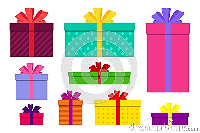 Gift boxes, presents isolated set vector. Flat surprise box with bows on holiday. Set of giftbox, present icon for birthday, Vector Illustration