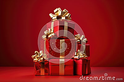 Gift boxes on a red background. 3d rendering toned image, A pile of presents with gold bows and bows on top of each other, with a Stock Photo