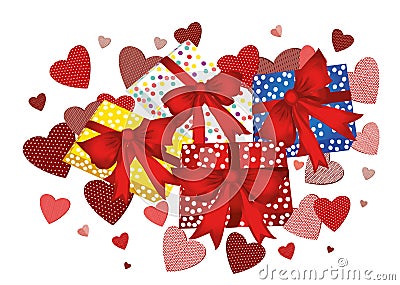 Gift boxes with a red bows and ribbons on a background of hearts Cartoon Illustration