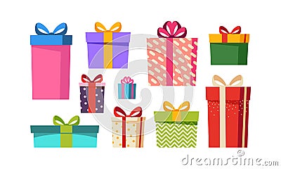 Gift boxes set, presents isolated on white background. Sale, holiday, shopping concept. Collection for Birthday Vector Illustration