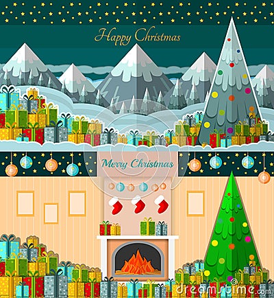 Gift-boxes on snow with winter mountains trees background and gift-boxes near fireplace two new year backgrounds cards Vector Illustration