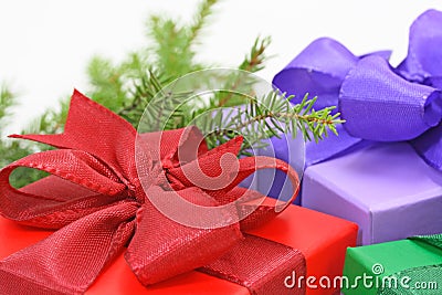 Gift boxes and tree bough Stock Photo