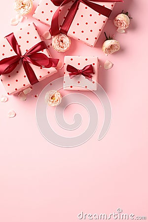 Gift boxes for Valentine's day on pastel pink vertical background. Top view, flat lay Stock Photo