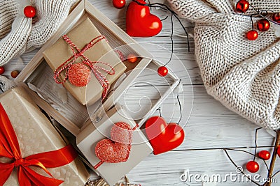 Gift boxes on Valentine`s Day, top view of red heart shapes on white wooden table or floor. Romantic home design, flat lay. Stock Photo
