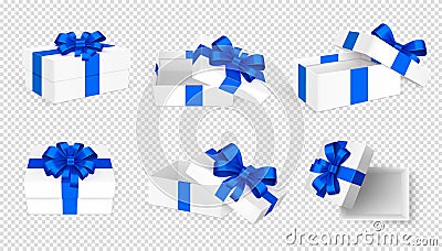 Gift boxes. White open present empty box with blue bow and ribbons. Christmas Birthday Valentine day vector template Vector Illustration