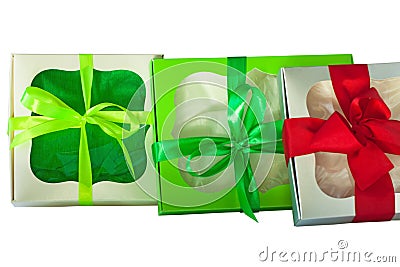 Gift boxes with windows and ribbons isolated on a white background Stock Photo