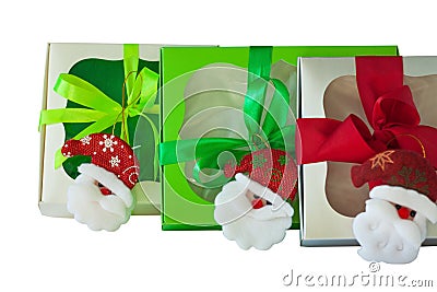 Gift boxes with windows and ribbons isolated on a white background Stock Photo