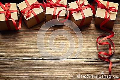 Gift Boxes on Wood Background, Holiday Cardboard Presents Stock Photo