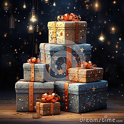 Gift boxes on a wooden background. 3d rendering. Vintage style. Generative AI Stock Photo