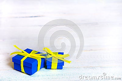 Gift boxes on wooden table. Collection of gift boxes on wooden board holidays concept. Stock Photo