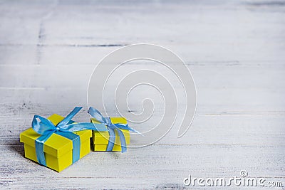 Gift boxes on wooden table. Collection of gift boxes on wooden board holidays concept. Stock Photo