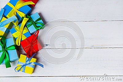 Gift boxes on wooden table. Collection of gift boxes on wooden board holidays concept. Stock Photo