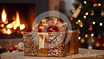 Gift boxes wrapped in festive paper and ribbon adorn the Christmas tree, creating a vibrant and joyful scene for the holiday Stock Photo