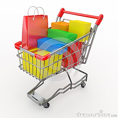 Gift buying. Shopping cart full of boxes Stock Photo