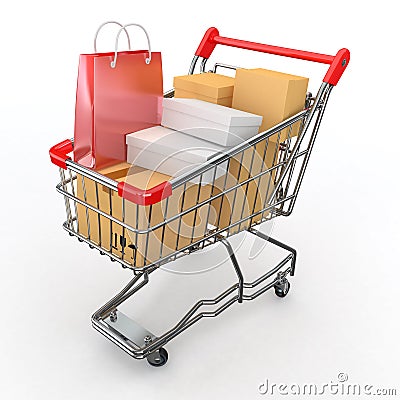 Gift buying. Shopping cart full of boxes Stock Photo