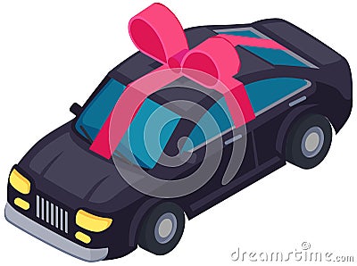 Gift car with ribbon. Advertising or presentation of new automobile. Win prize, vehicle in auction Stock Photo