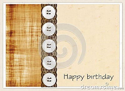 Gift card with color squares, buttons and brown lace and inscription Happy Birthday! Vector Illustration