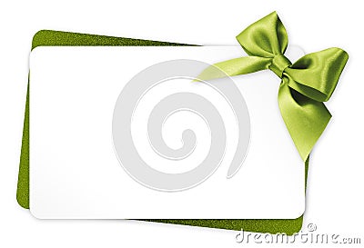 Gift card with green ribbon bow on white background Stock Photo