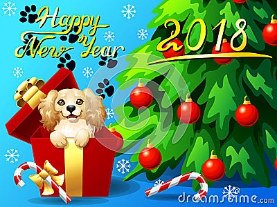 Card Cocker Spaniel in a gift box and fir Vector Illustration